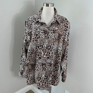 Chaps Womens Plus 2X Leopard Animal Print Button Up Shirt No Iron Long Sleeve